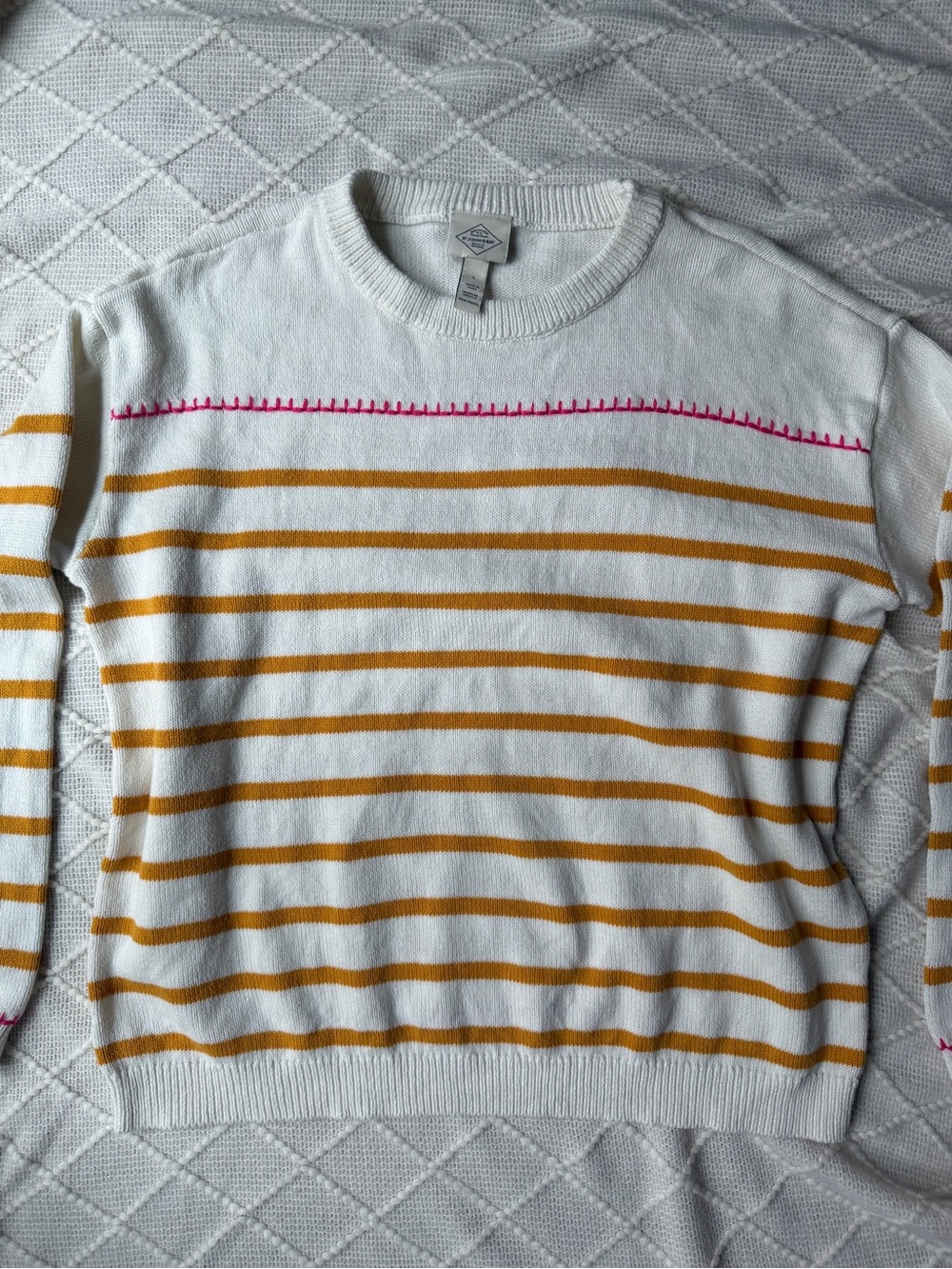 White & Mustard Striped Crewneck Sweater with Pink Accent